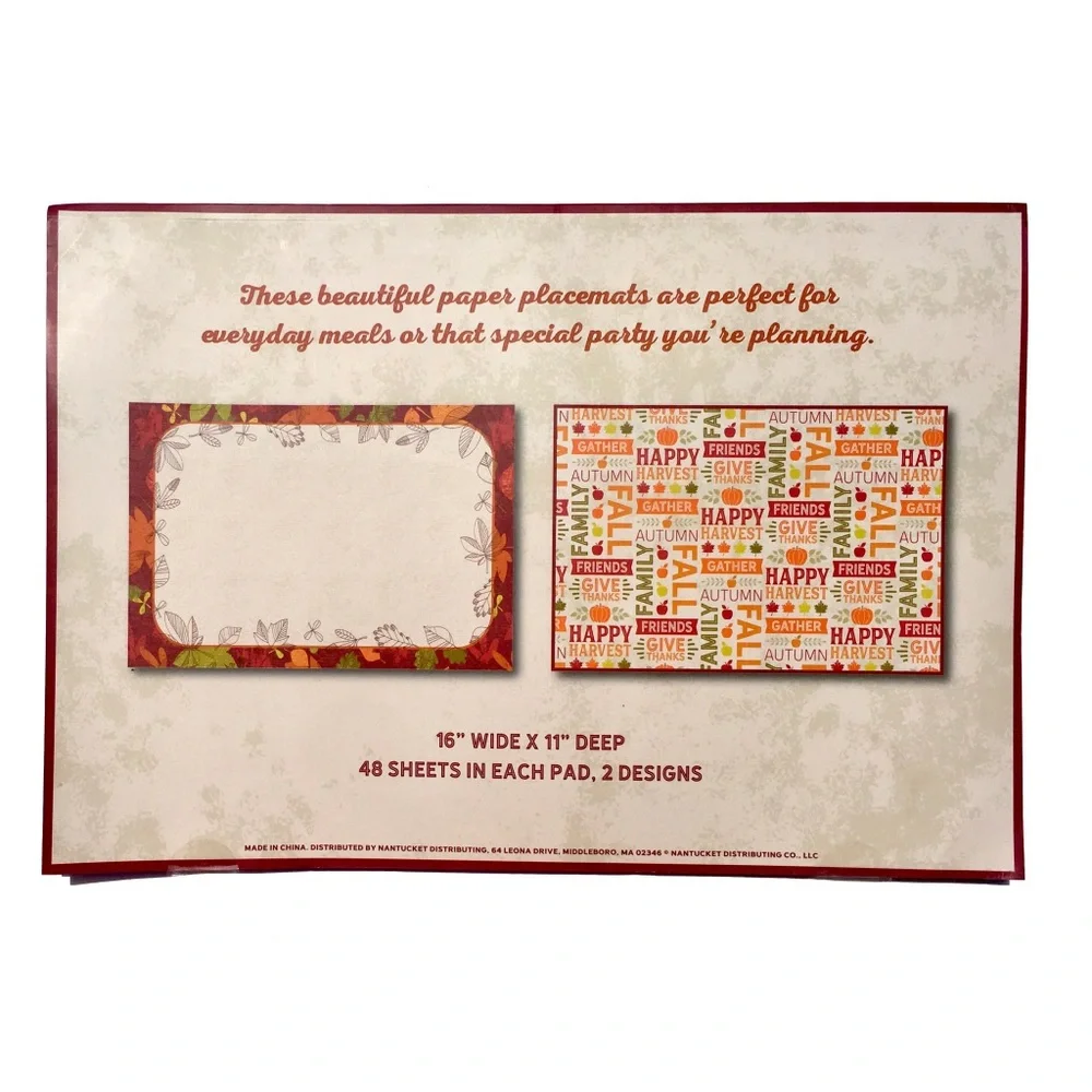 Autumn Fall Thanksgiving Paper Placemats, Pad of 48 (2 designs)